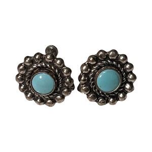 Vintage Sterling Silver and Turquoise Screw Back Earrings 1940s